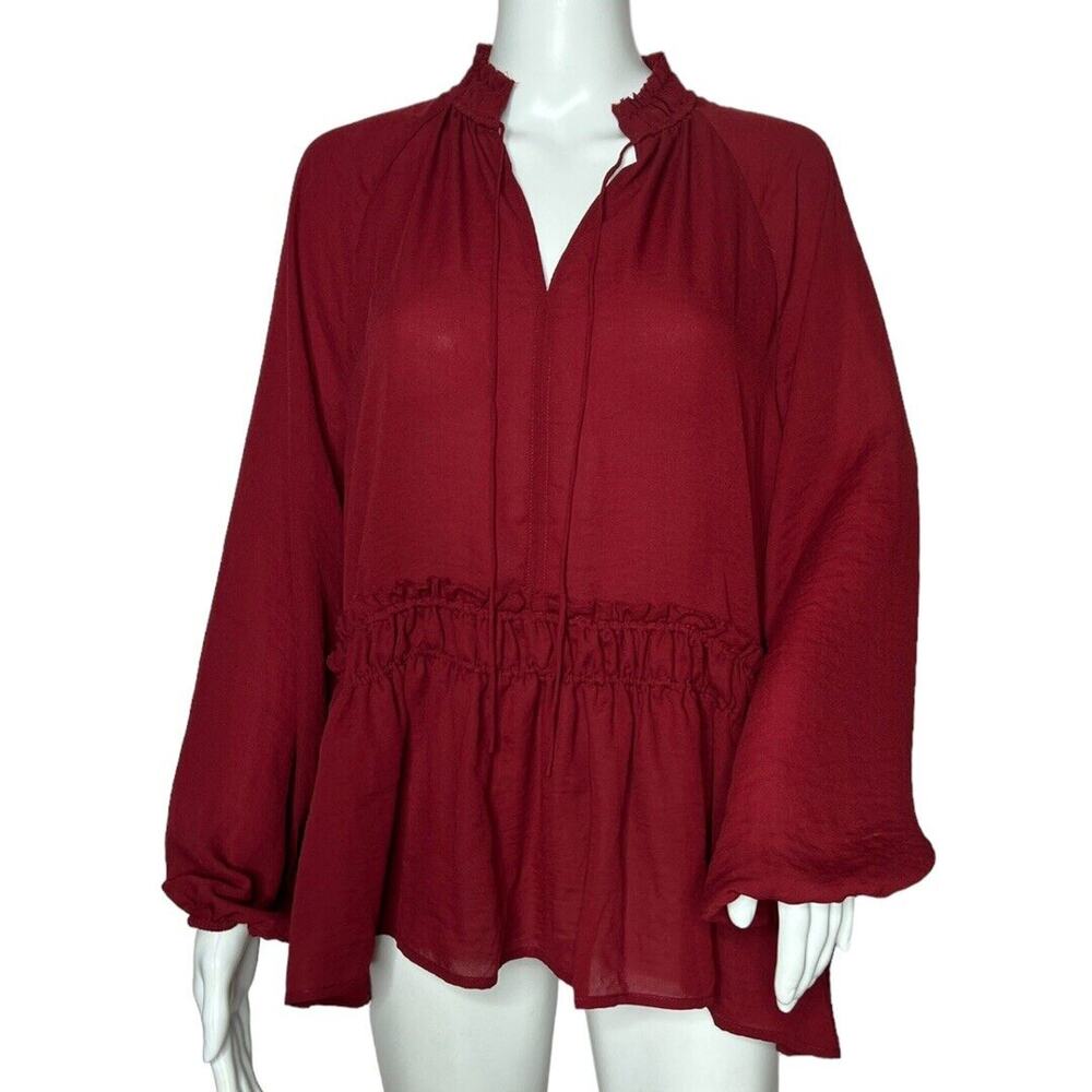 Loft Shirt Womens Medium Red Babydoll Balloon Sleeve Ruffle Bohemian Peasant